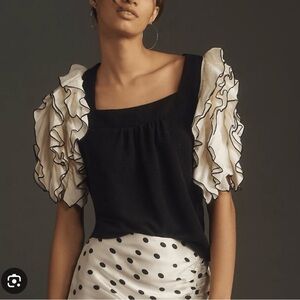Anthropologie-Sunday in Brooklyn Black Blouse with White Ruffle Sleeves. NWT